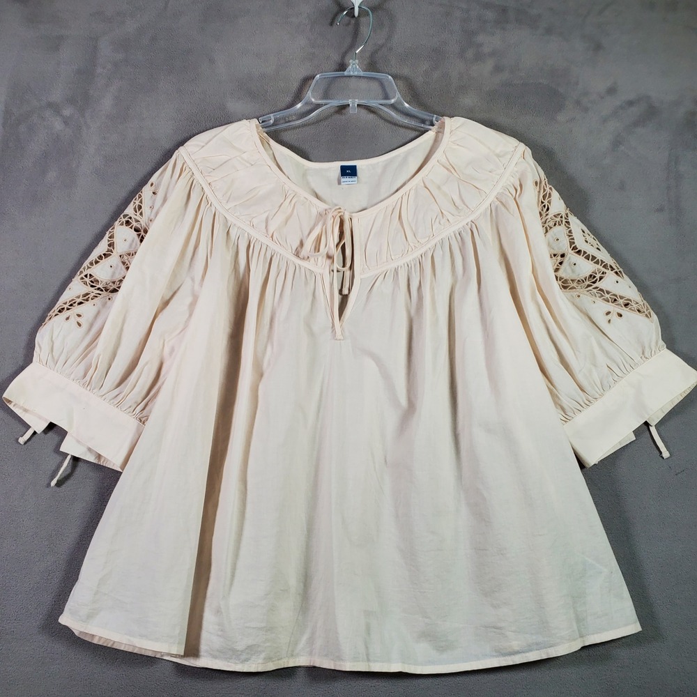 Old Navy Blouse Womens XL Ivory Eyelet Puff Sleeve Boho Peasant Cottagecore